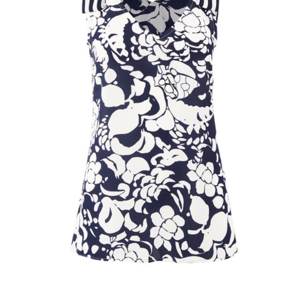 CAbi Navy and White Floral Shoulder Tie Top